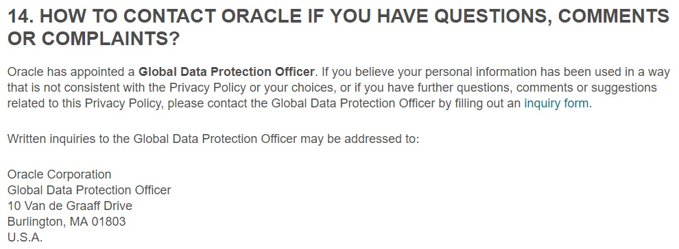 Oracle Privacy Policy: Contact information for Global Data Protection Officer clause