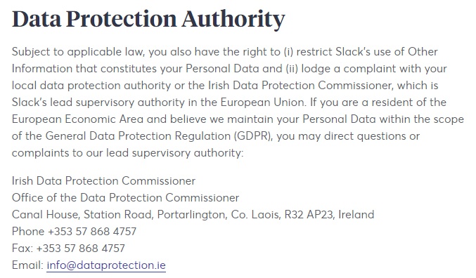 Slack Privacy Policy: Data Protection Authority clause