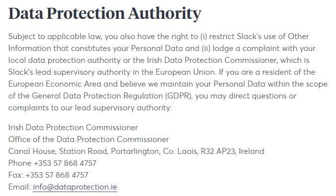 Slack Privacy Policy: Data Protection Authority clause