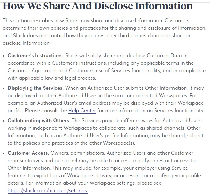 Slack Privacy Policy: How We Share and Disclose Information clause