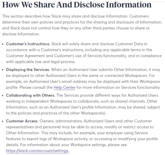 Slack Privacy Policy: How We Share and Disclose Information clause