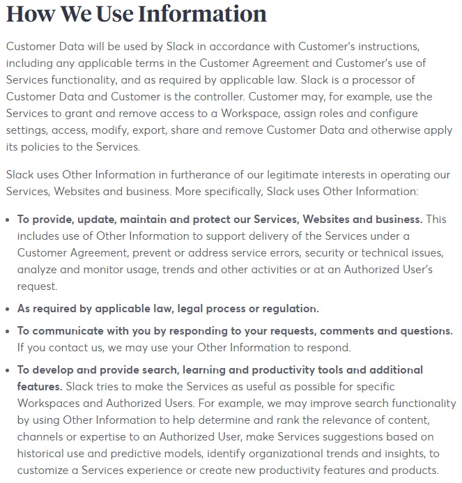 Slack Privacy Policy: How We Use Information clause