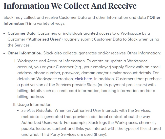 Slack Privacy Policy: Excerpt of Information We Collect and Receive clause