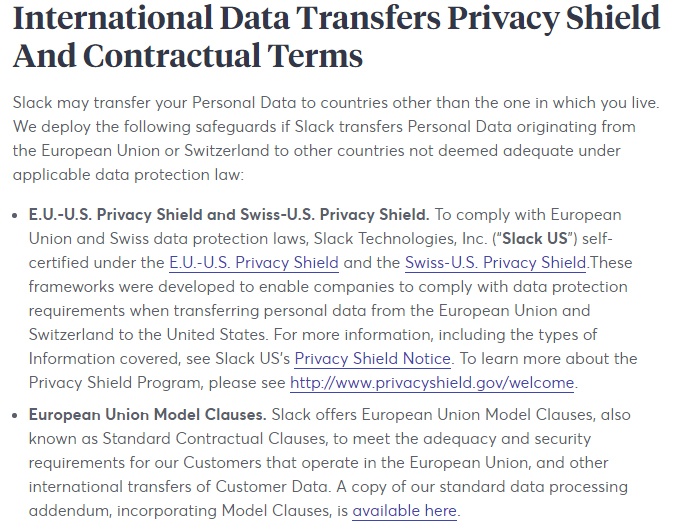 Slack Privacy Policy: International Data Transfers clause