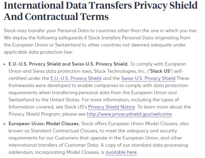 Slack Privacy Policy: International Data Transfers clause