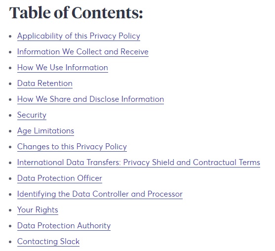 Slack Privacy Policy: Screenshot of table of contents