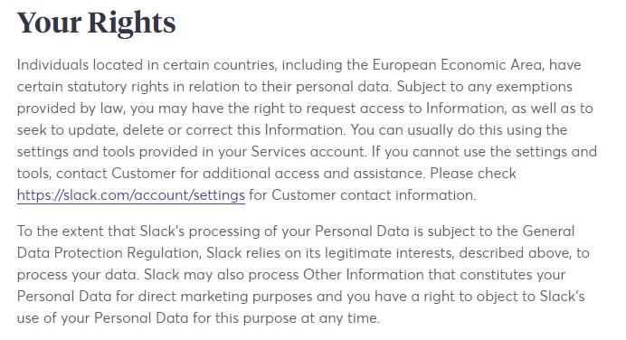 Slack Privacy Policy: Your Rights - GDPR clause