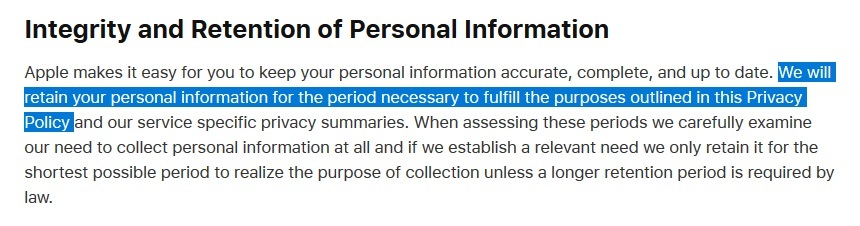 Apple Privacy Policy: Integrity and Retention of Personal Information clause