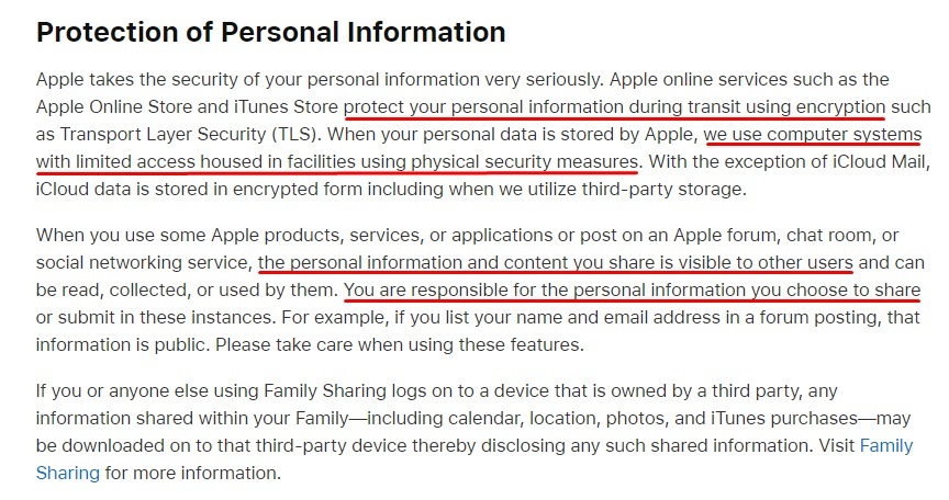 Apple Privacy Policy: Protection of Personal Information clause