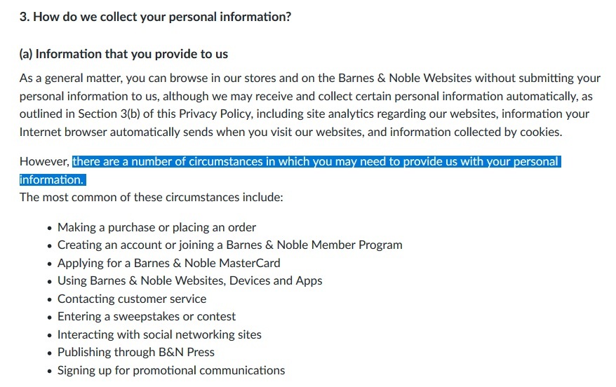 Barnes and Noble Privacy Policy: How do we collect your personal information clause