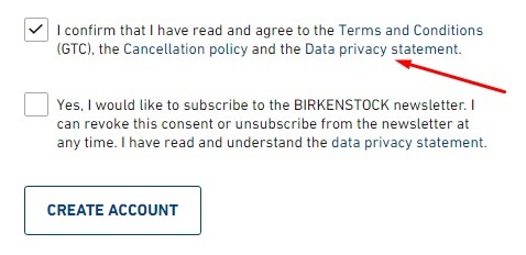 Birkenstock create account form with Privacy Statement highlighted