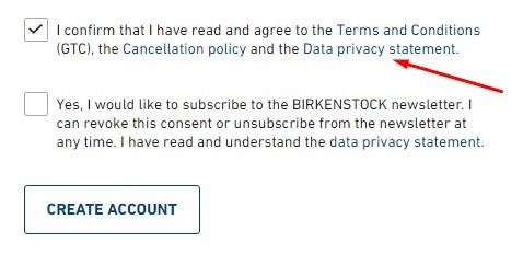 Birkenstock create account form with Privacy Statement highlighted