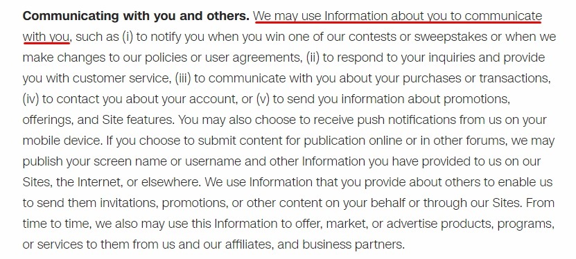 CNN WarnerMedia News and Sports Privacy Policy: Using information for communicating with you and others clause