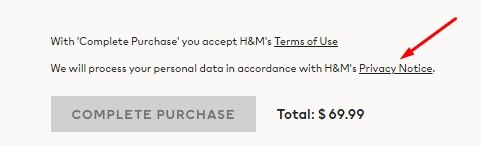 H and M checkout page with Privacy Notice link highlighted