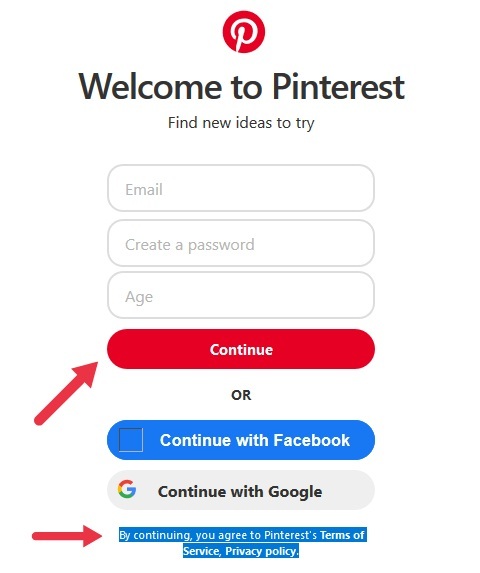 Pinterest create account form with Privacy Policy and Continue button highlighted