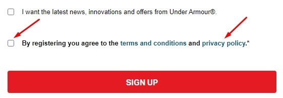 Under Armour UK create account form with checkboxes and Agree to Privacy Policy