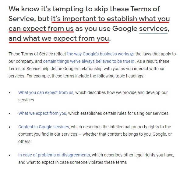 Google Terms of Service: Intro clause
