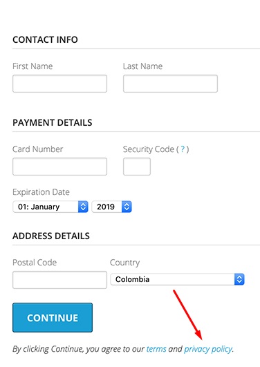 Akismet payment details form with Privacy Policy highlighted