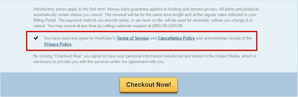 HostGator checkout page with checkbox to agree to Terms of Service, Cancellation Policy and Privacy Policy - Checked