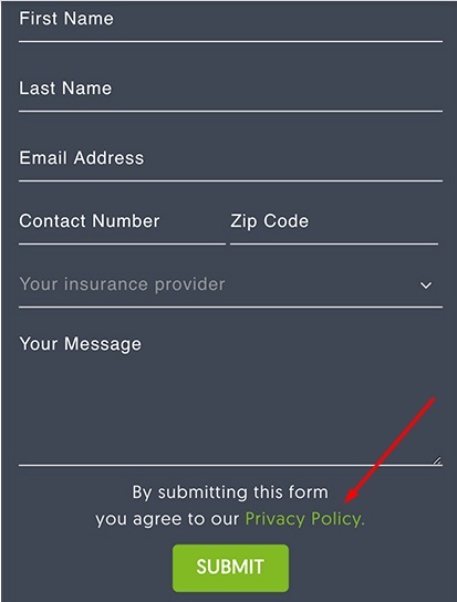 NOW Find Relief Contact Form with Privacy Policy highlighted