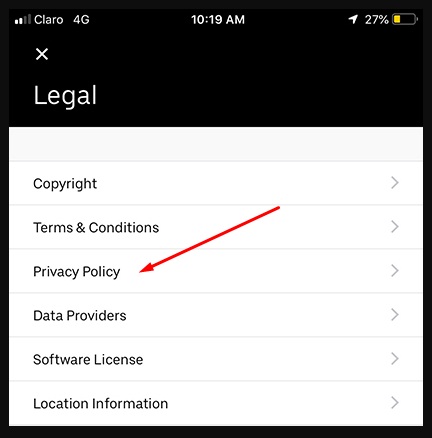 Uber app Legal menu with Privacy Policy link highlighted
