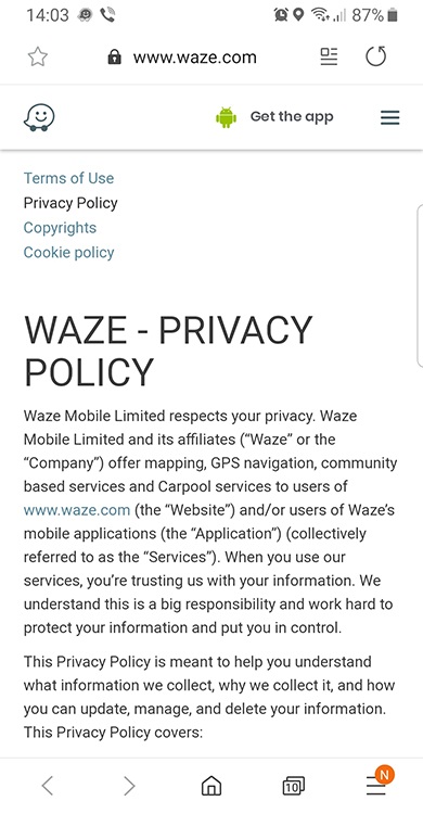 Waze mobile Privacy Policy intro excerpt