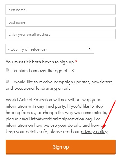 World Animal Protection email newsletter sign-up form